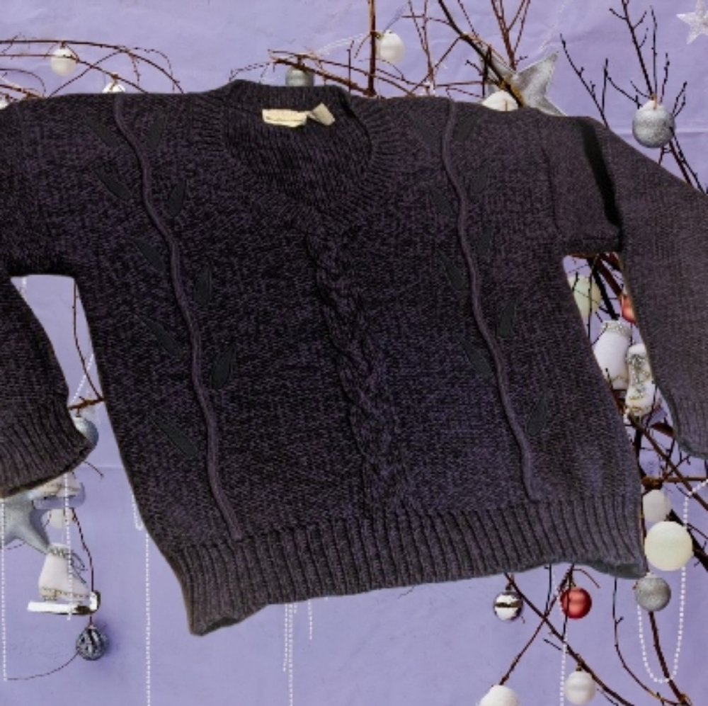 Vintage Purple Black Modern Floral Marled Witchy Cozy Purple Knit Sweater